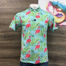 Bad Birdie Men's Golf Polo Shirt Large Flamingo Palm Tree Print Short Sleeve
