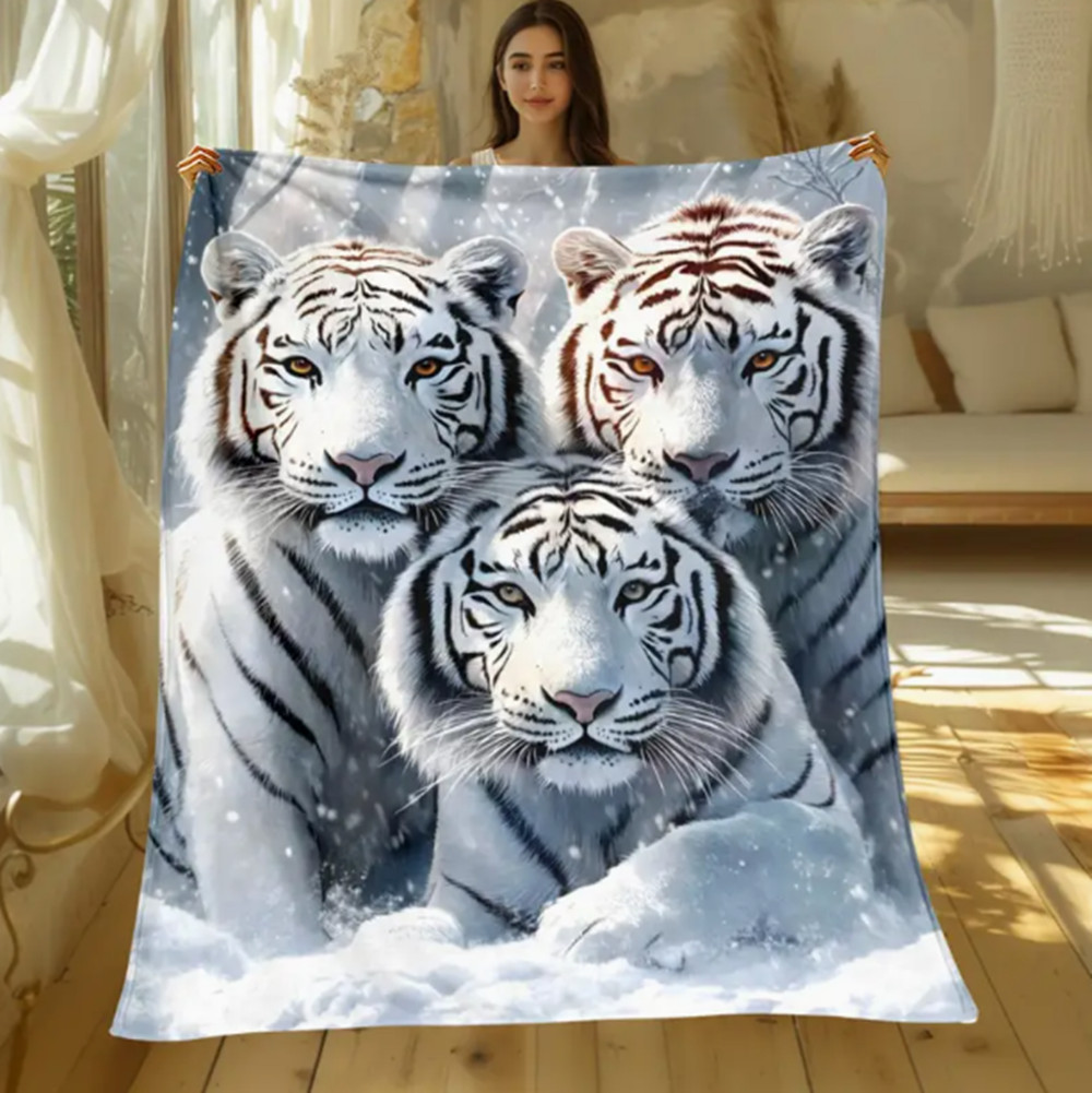 Snow White Tigers Print Flannel Throw Blanket - Soft Fleece Blanket 60*80''