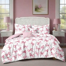 Pink and White Duvet Cover Set Queen Size, Elegant Bow Print Pattern, Soft Micro
