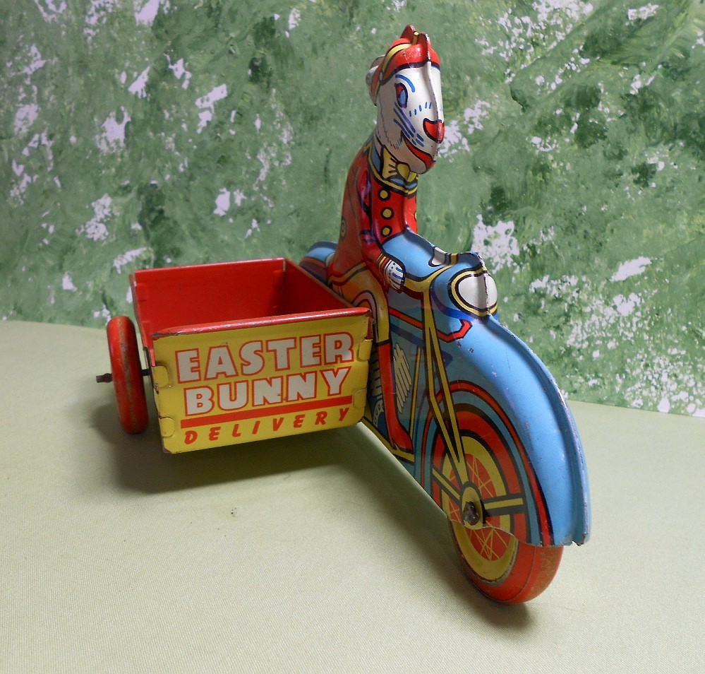 Wyandotte Easter Bunny Delivery Tin Motorcycle Sidecar Toy