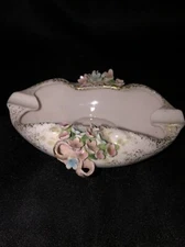 Vintage Lefton China Hand Painted Ladies Pink Ashtray With 3D Flowers & Bow