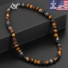 Men's 8mm Natural Tiger Eye Lava Bead Necklace Stainless Steel Toggle 18/20/24"S