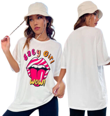 New Ladies Baby Girl Wow Printed Oversized T shirt Top UK