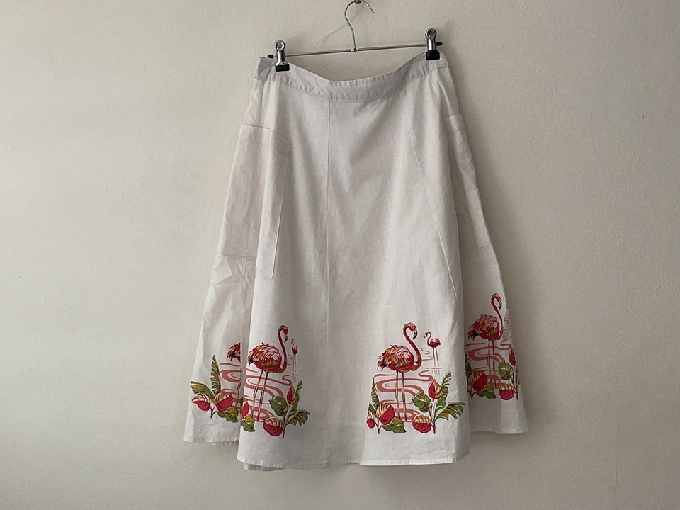 Revival Pink Flamingos White Cotton 1/2 Circle Pinup Lined Skirt 12 with pockets