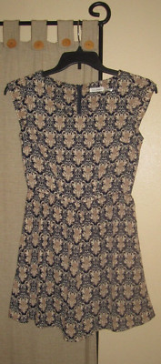 S Small 6 8 dress Blu Pepper navy gold tan cream fully lined
