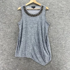 AB Studio Tank Women L Large Gray Round Neck Sleeveless Wide Strap Rhinestone