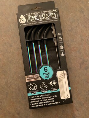 Stainless Steel 6 pc Straw & Bag Sets, Eco-Friendly, Reusable, Rainbow Finish