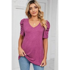 Heathered V-Neck Puff Sleeve T-Shirt