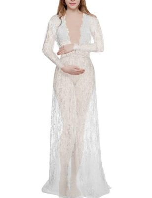Pregnant Lace V-neck Maternity Dress (Apricot,L)