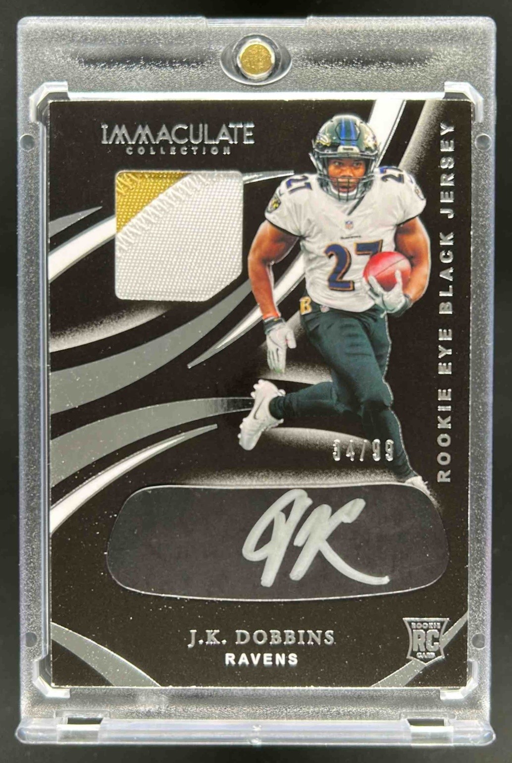 2020 Immaculate J.K. Dobbins Rookie Eye Black RC Patch Jersey Auto #34/99 Ravens