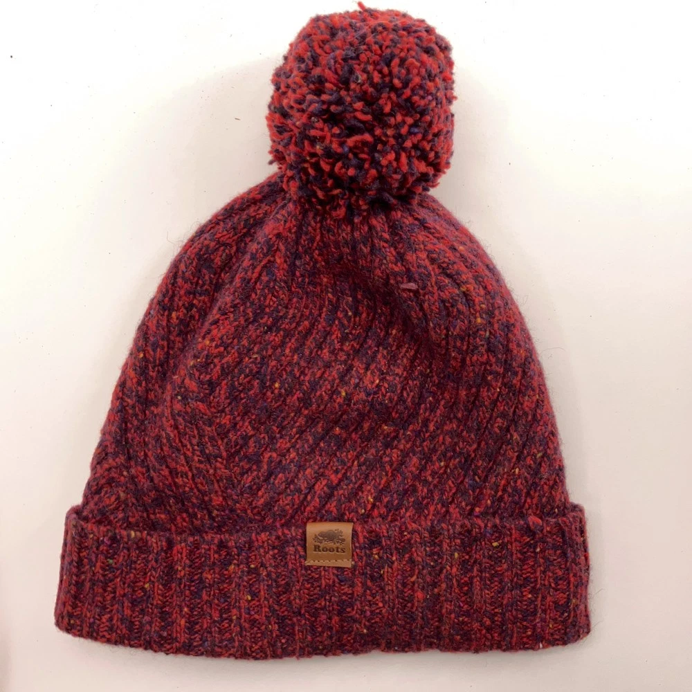 Root red blue lambswool blend winter pom pom hat