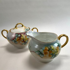 Z. S. & Co. Bavaria Antique Porcelain Sugar and Creamer Set with Daisy Band & Gold Scrollwork