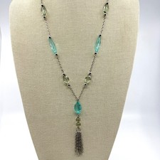 Necklace Turquoise Tone Green Bead Y Drop Silver Tone Chain Tassel Statement