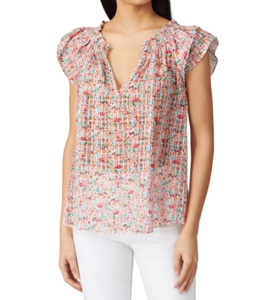 Top Shoshanna Talla Pequeña Multicolor Estampado Floral Rosa Manga Corta Semi Transparente Foto 2 de 4