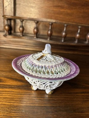 Vintage Ceramic Rope/Basket Weave- bowl with lid. Floral Design on lid.
