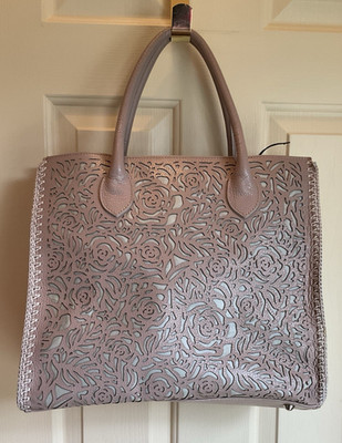 New Roberto Pancani Firenze Handmade Large Cutout Leather Taupe Bag Zipper