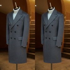 Men Long Overcoat Cashmere Wide Peak Lapel Double Breasted Full Length Long Coat