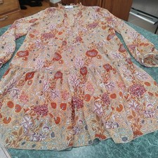 MNG Mango Size L Fall Spice Ruffle Tiered Floral Print Long Sleeve  Dress Lined 