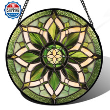 HWRHTR Stained Glass Window Hanging - White Green Boho Flower Suncatcher for Doo