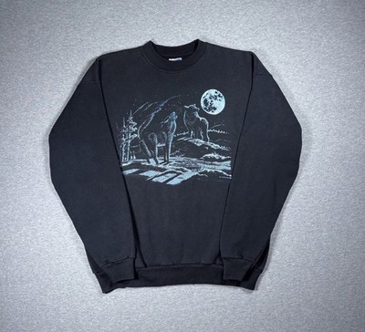 Vintage Wolf Crewneck Sweatshirt Mens XL Black Hanes Wildlife Howling Wolves