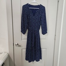 Talbots Navy Blue Anchor Print V-Neck Tiered Midi Dress Womens 8 Nautical Belted