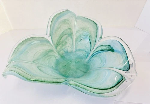 Vintage Murano Art Glass Bowl Aqua Blue Green Swirls Candy Dish