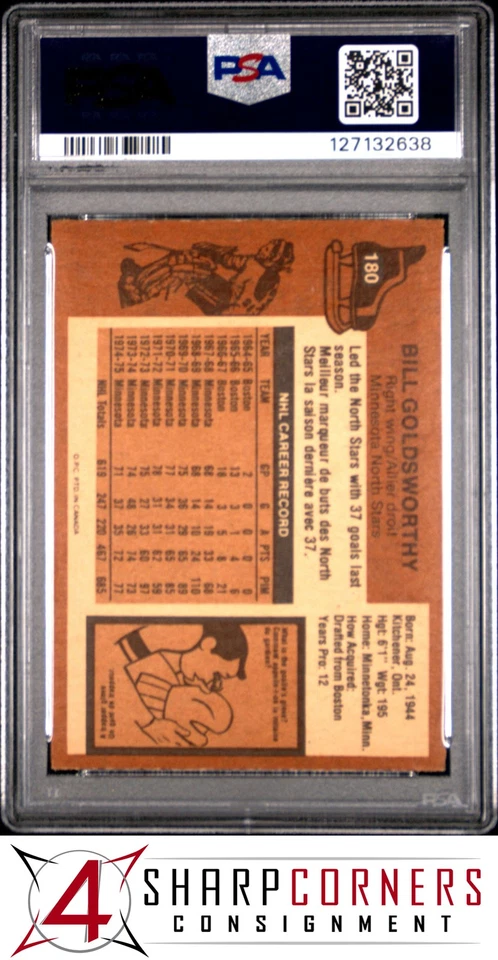 1975 O-PEE-CHEE #180 BILL GOLDSWORTHY NORTH STARS POP 7 PSA 9 - Image 2 of 2