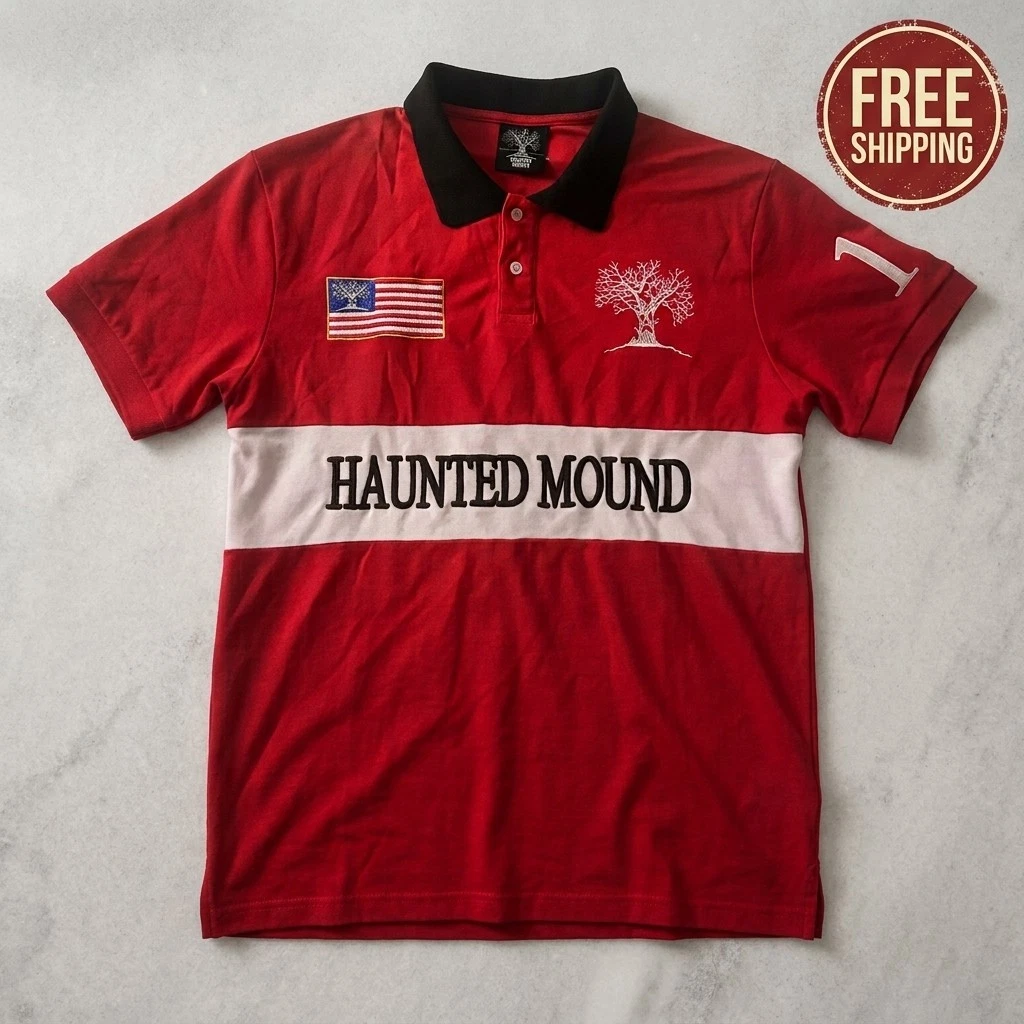 Haunted Mound Embroidered Red Polo Shirt Y2K Tshirt HipHop Retro Pumpkin Head