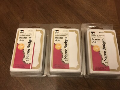 3 Pkg Paper Name Badge 3-3/8x2-1/4'' Gold Border 100/BX 300 Total Name Badges
