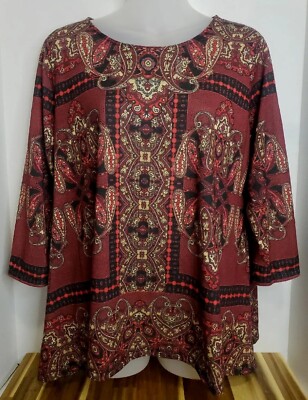 Ruby Rd Petite red print 3/4 sleeve pullover top with triangle bottom ...