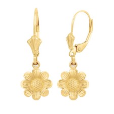 14k Solid Yellow Gold Sunflower Diamond Cut Leverback Earrings Set