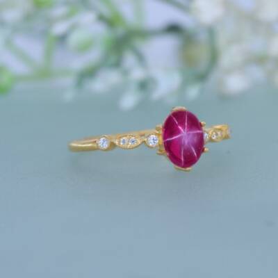 silver ring Vintage Star Ruby Engagement Ring, Gold Diamond lab created 925