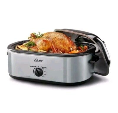 Oster 18 Quart Silver 24 LB Turkey Roaster Oven High Dome and Self-Basting Lid