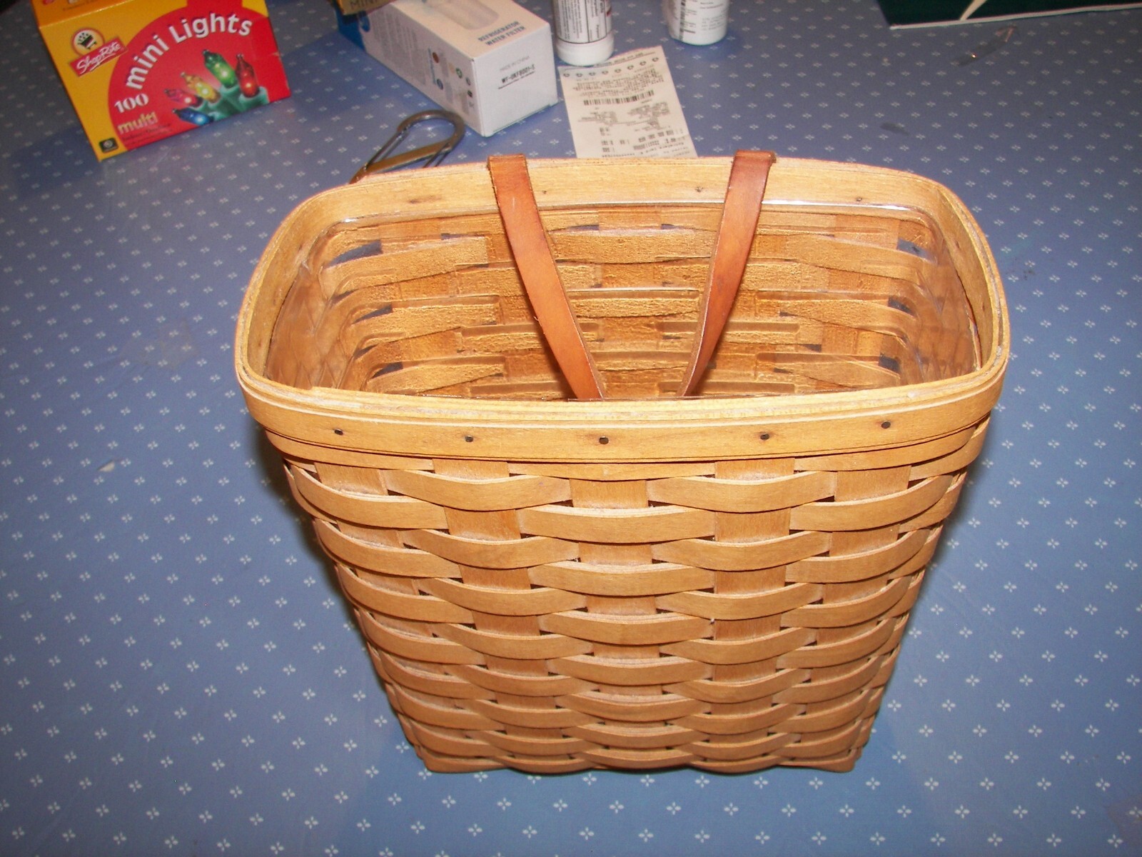 Longaberger Tall Key Basket with Clear Liner 1994 with Leather Handle