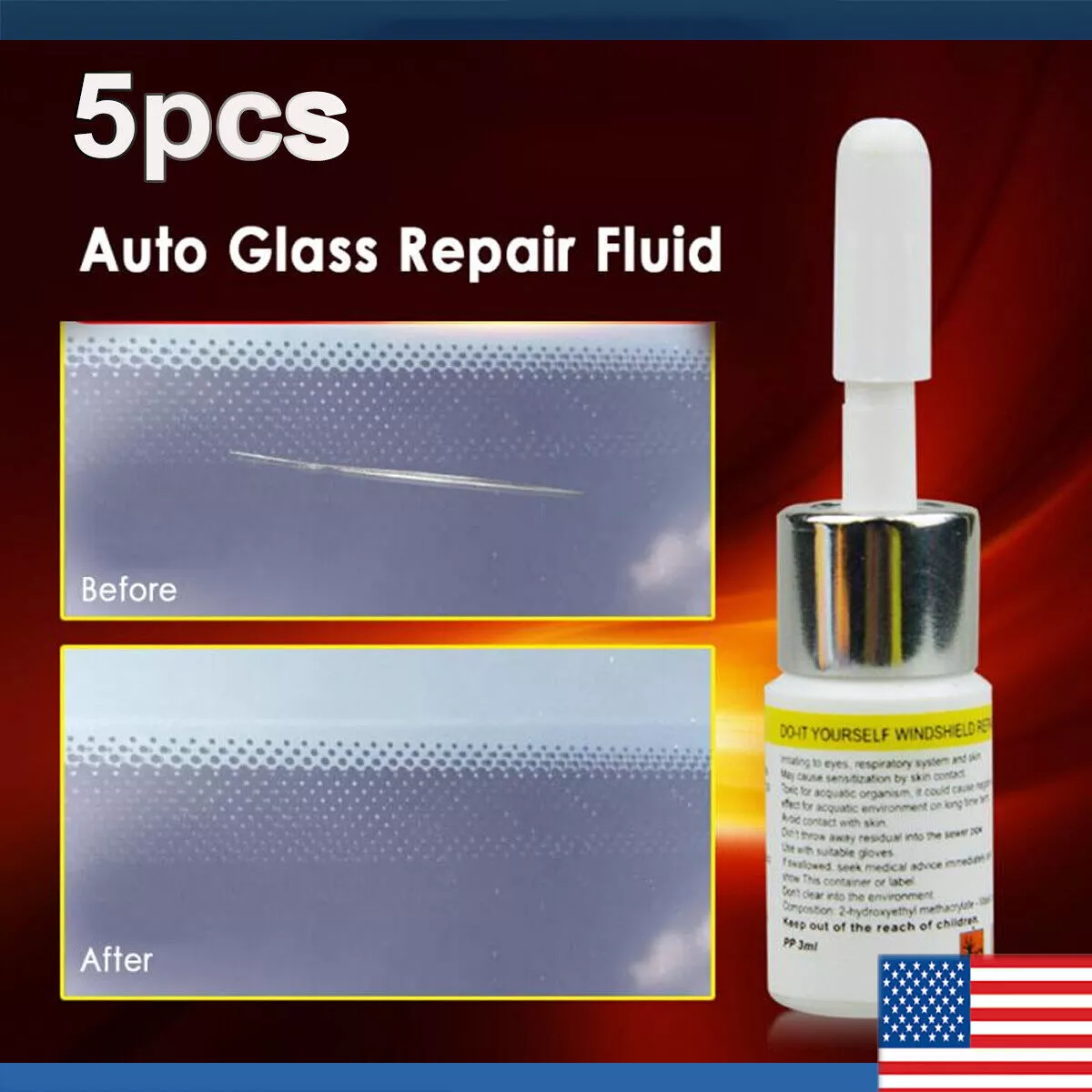 5-Pack Auto Glass Nano Repair Fluid Car Windshield Resin Crack Tool Kit  Crack US