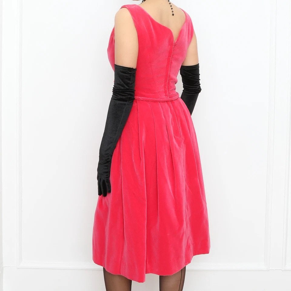 Vestido de coquetel 1950 rosa quente veludo roseta namorada por Lou-Ette - tamanho pequeno - Imagem 4 de 4