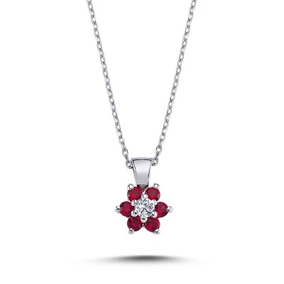 Diamant Rubin Halskette Gänseblümchen Anhänger 14 Karat Weißgold - Bild 1 von 3