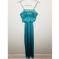 Flair Vintage Union Made 60s 70s Green Lace Nylon Long Nightgown Women's Small