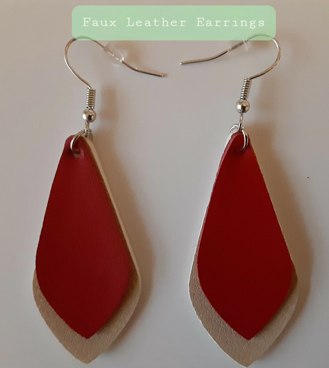 New Faux Leather Earrings Large Teardrop Two Layers Red Tan