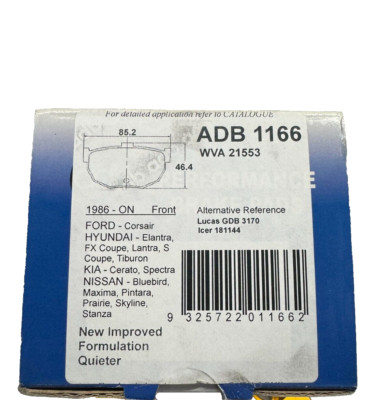 ADB FRONT BRAKE PAD ADB1166 for NISSAN 1986-on BLUEBIRD MAXIMA PINTARA SKYLINE