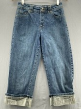 Chicos Platinum Blue Jean Capri Womens Sz 1 Stretch Midrise Cropped Cuff Fold Up