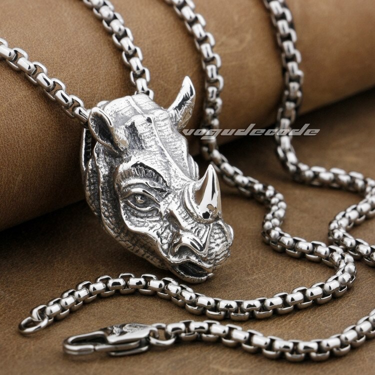 Rhino Rhinoceros Head 925 Sterling Silver Pendant Punk Jewelry