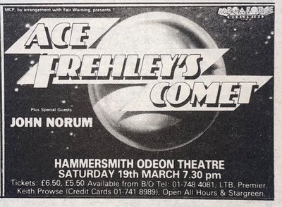 ACE FREHLEY S COMET - GIG ADVERT - HAMMERSMITH ODEON - 19/03/1988 - KISS