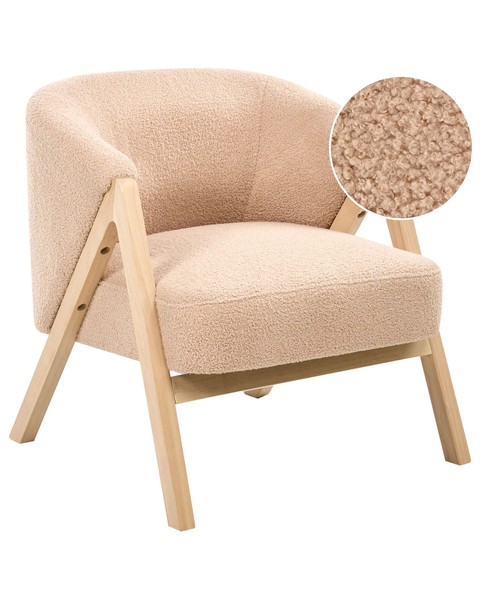 Clubsessel Sessel Stoffbezug Bouclé Beige Mit Armlehnen Holzbeinen Skei-image