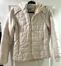 Womens COLUMBIA Cream Puffer Jacket / Omni-Heat Lining/ Fleece-lined Hood  Sz M