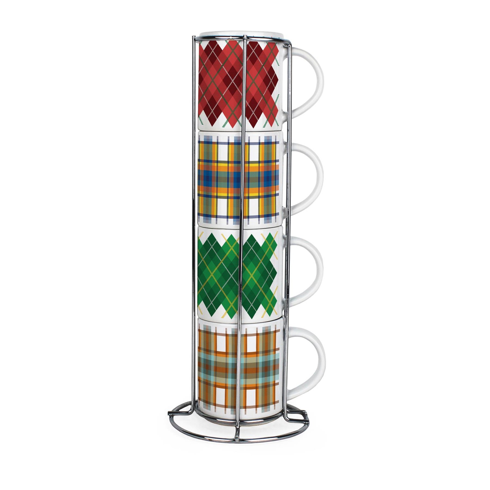Tartan & Argyle Small Stacking Mugs Gift - Set of 4 Ceramic Cups with Stand
