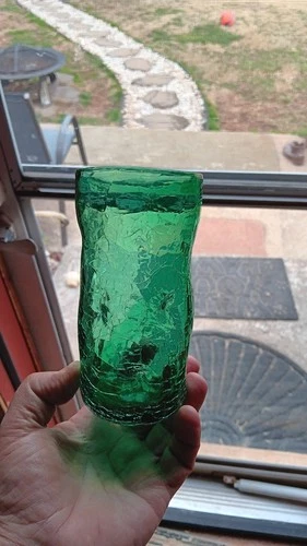 Vintage Blenko Hand Blown Tumbler Dimpled Green Crackle Glass
