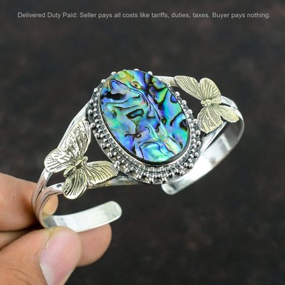 Sterling Silver Abalone Shell Gemstone Birthday Butterfly Sister Bangle Bracelet