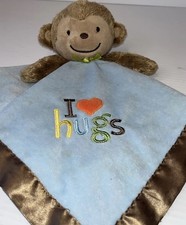 Carters I Love Hugs Monkey Lovey Rattle Security Blanket Satin Brown Blue 14"