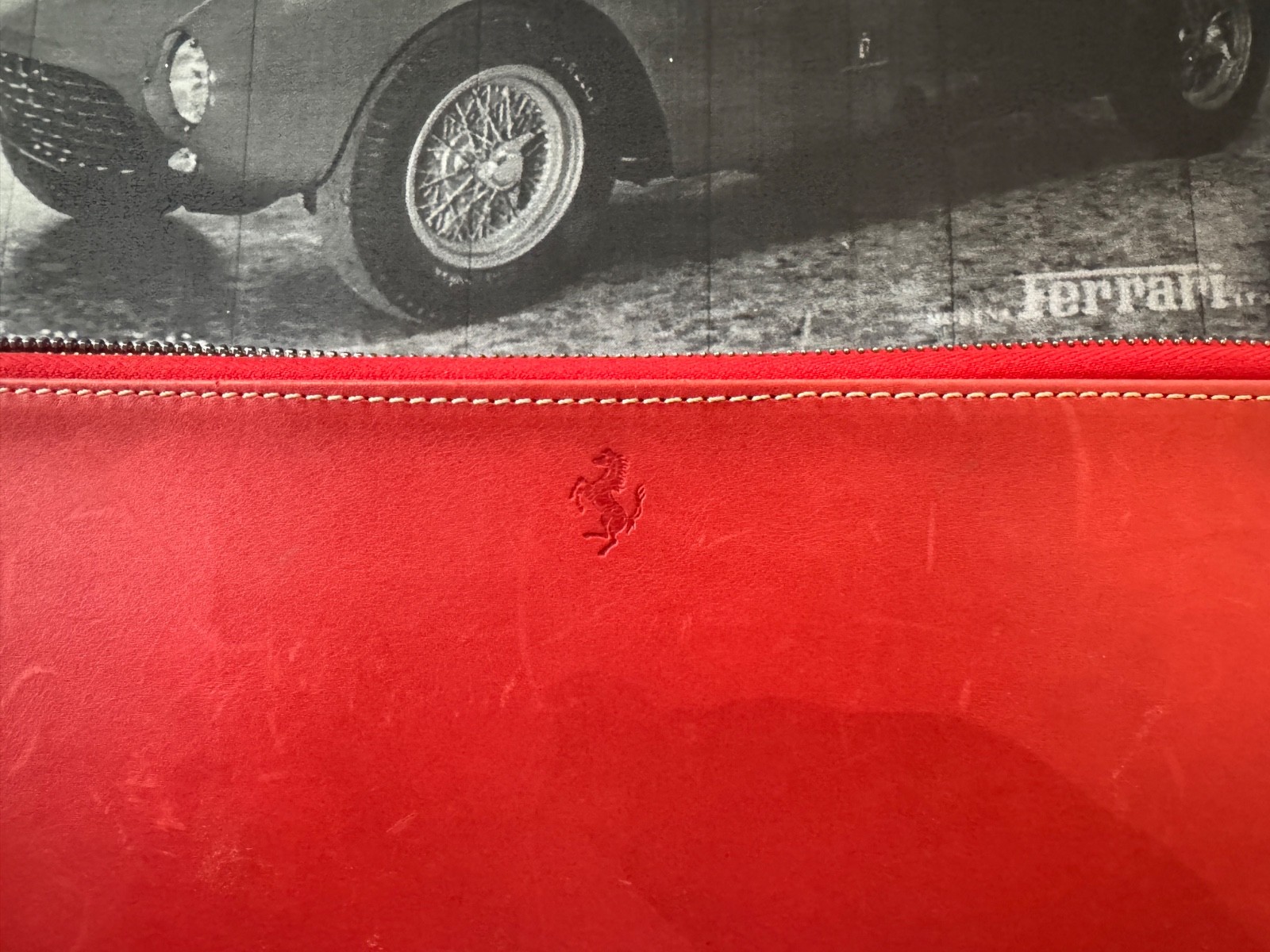 Ferrari Document Pouch Large Zip Pocket Storage Italy Made Red Leather